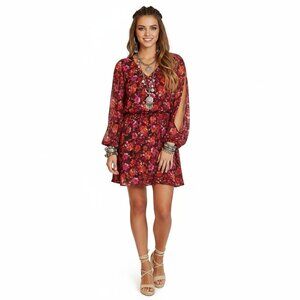 Candies Women Red Floral Long Split Sleeve Dress Size XSmall Boho Bright Vibrant